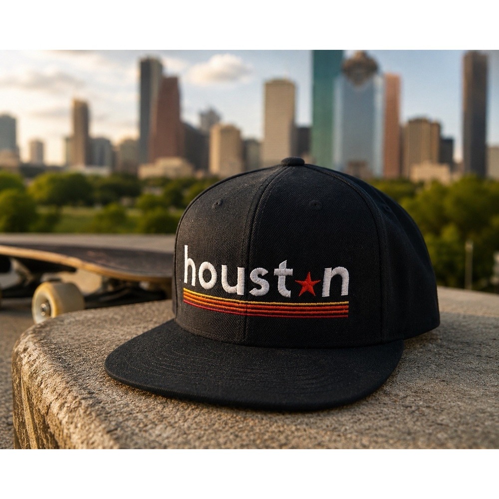 Houston Retro Stripe Flat Bill Snapback Hat Yupoong Classics Black Cap Y2K
